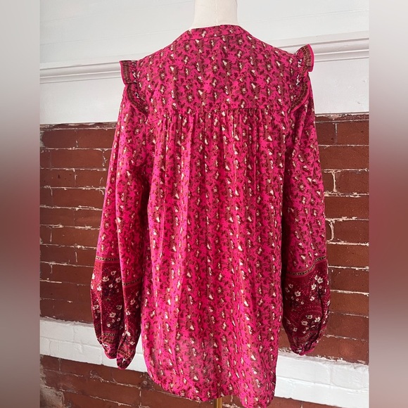 Joie Floral Peasant Blouse Fuchsia Ruffled Button Down Prairie Shirt Deep Pink - Picture 5 of 15